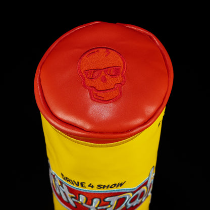 Red top of the Putt-4-Doh Barrel Fairway Cover featuring the embossed SWAG skull logo.