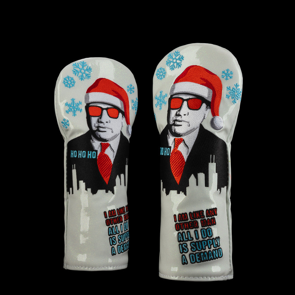 St. Nick Capone fairway cover featuring Capone in sunglasses with a Santa hat and city skyline details. Featuring "I am like any other man all I do is supply a demand" quote. 