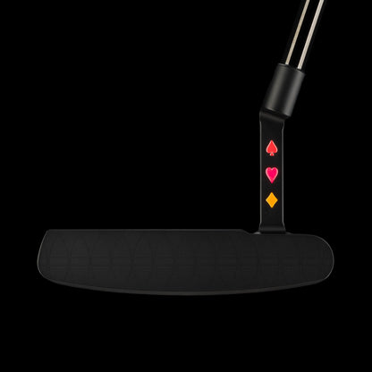 SWAG Golf Sherbet stacked royalty black cerakote finish limited edition right handed golf putter with handpainted neon orange, purple, red, and orange accents. Includes a headcover.