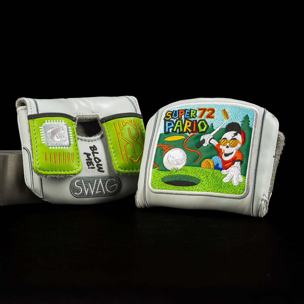 Gray center shaft mallet cover with Super Pario 72 retro character artwork and "BLOW ME!" details. Also includes a SWAG embroidered logo. 