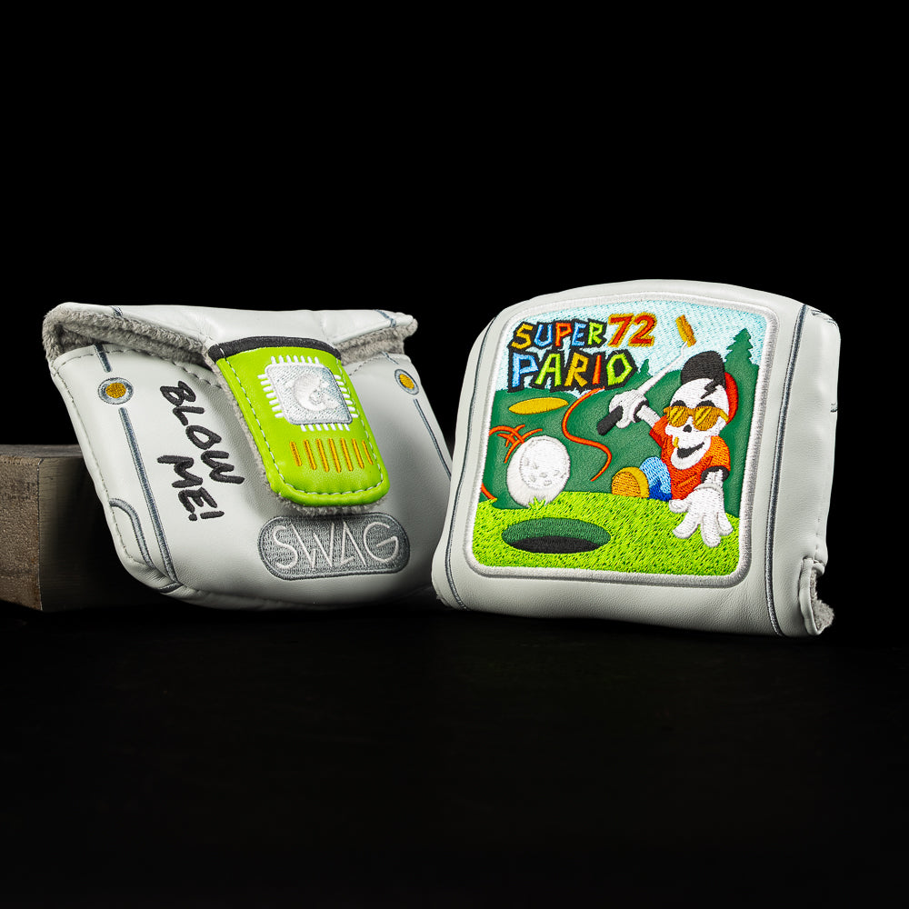 Gray cartridge-style mallet cover featuring Super Pario 72 retro character artwork and SWAG detailing.