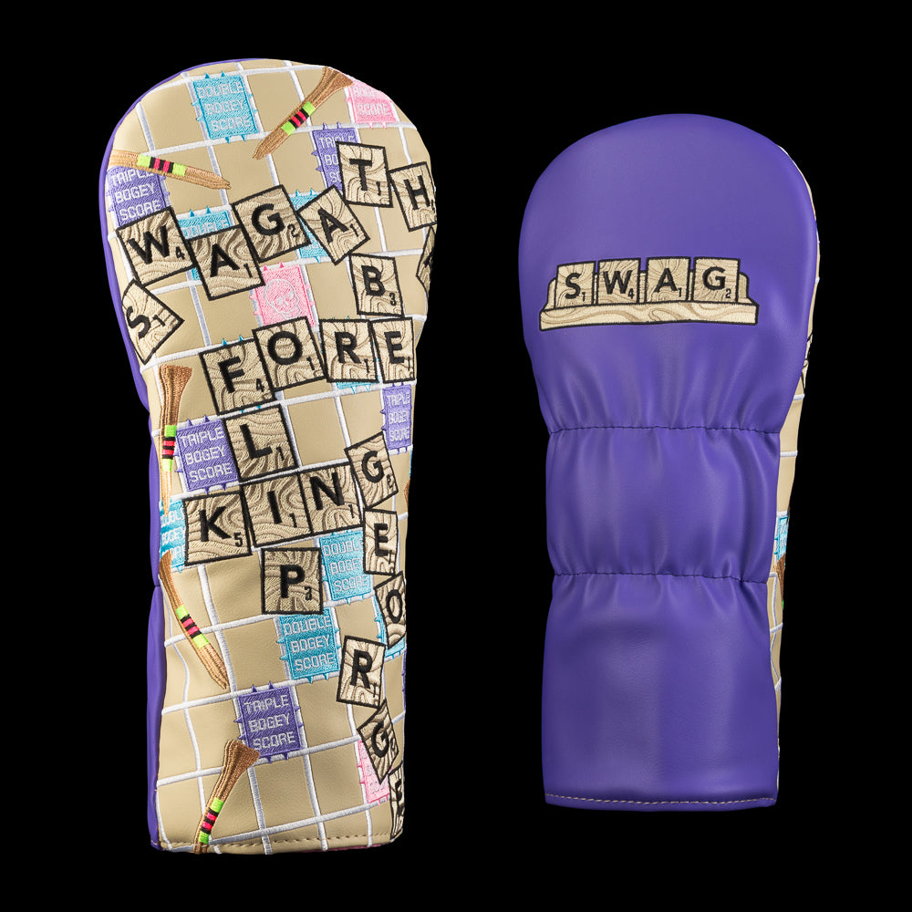 Driver cover with letter tiles over a map graphic and a purple reverse featuring a letter tile SWAG logo.