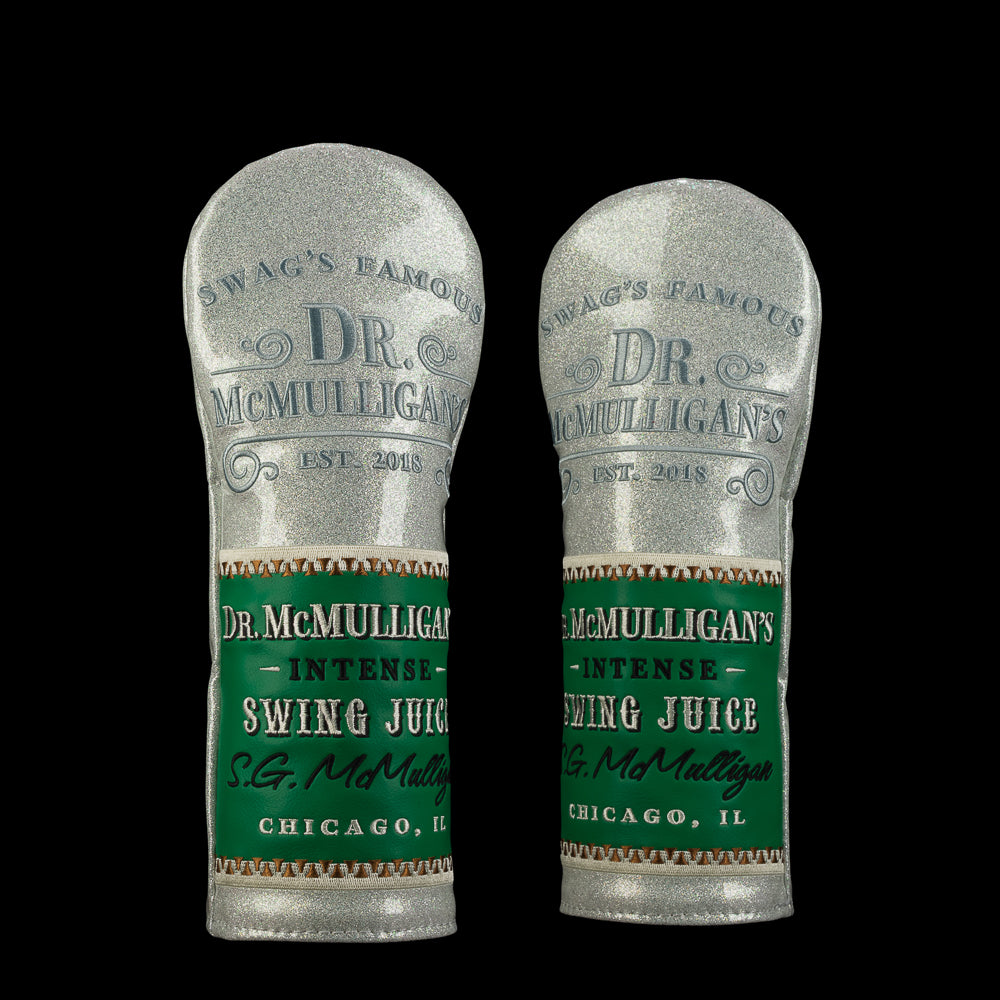 Dr. McMulligan’s Swing Juice fairway cover with green vintage apothecary label on silver background.