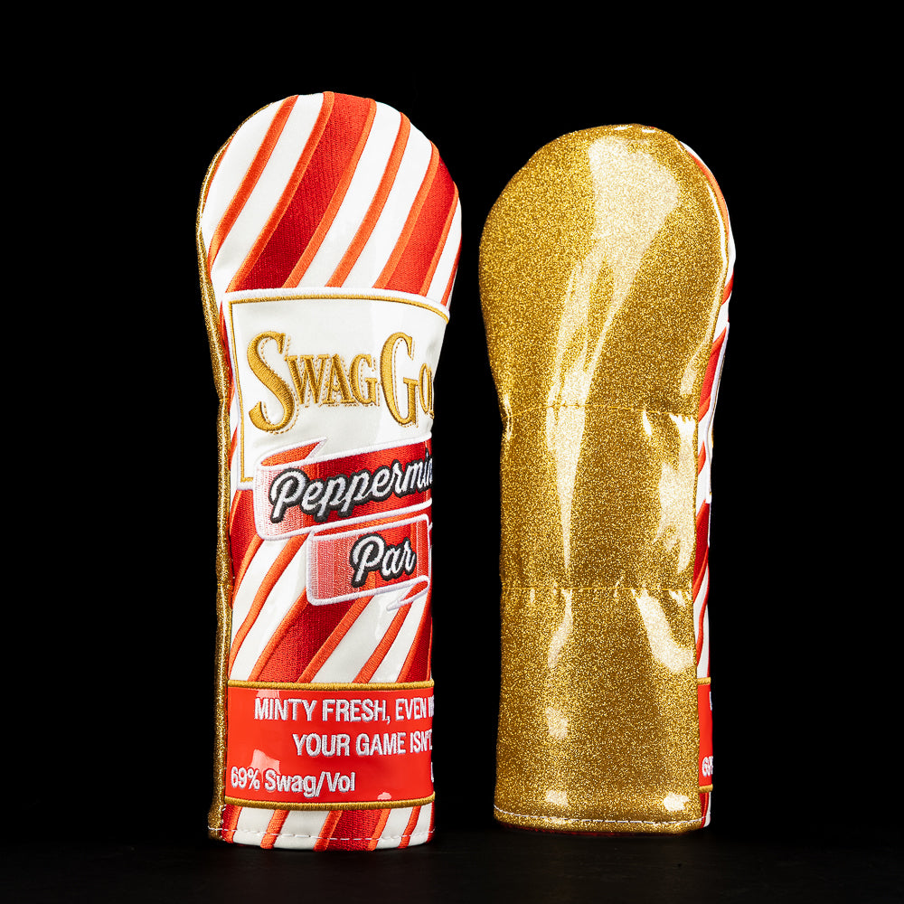 Peppermint Par fairway cover with red-white candy-cane stripes and vintage SWAG bottle label. The back is a smooth and sparkle gold detail. 