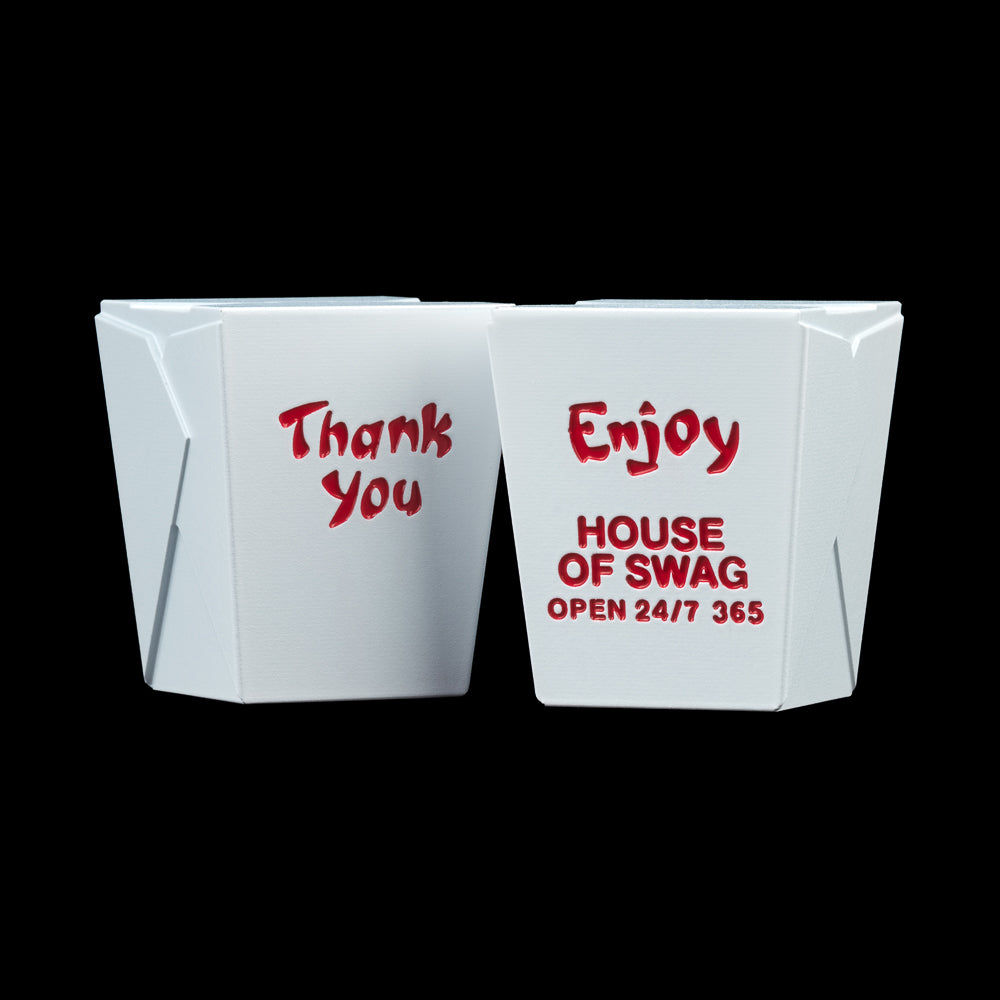 Takeout-style SWAG ball marker with red “Thank You,” “Enjoy,” and “House of SWAG Open 24/7 365” lettering.
