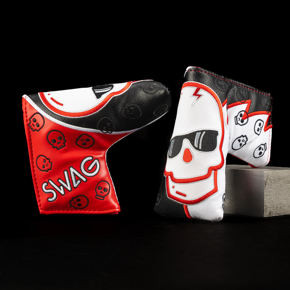 Red and black blade cover with throwback SWAG skull graphic, scattered mini-skulls, and contrast interior stitching.