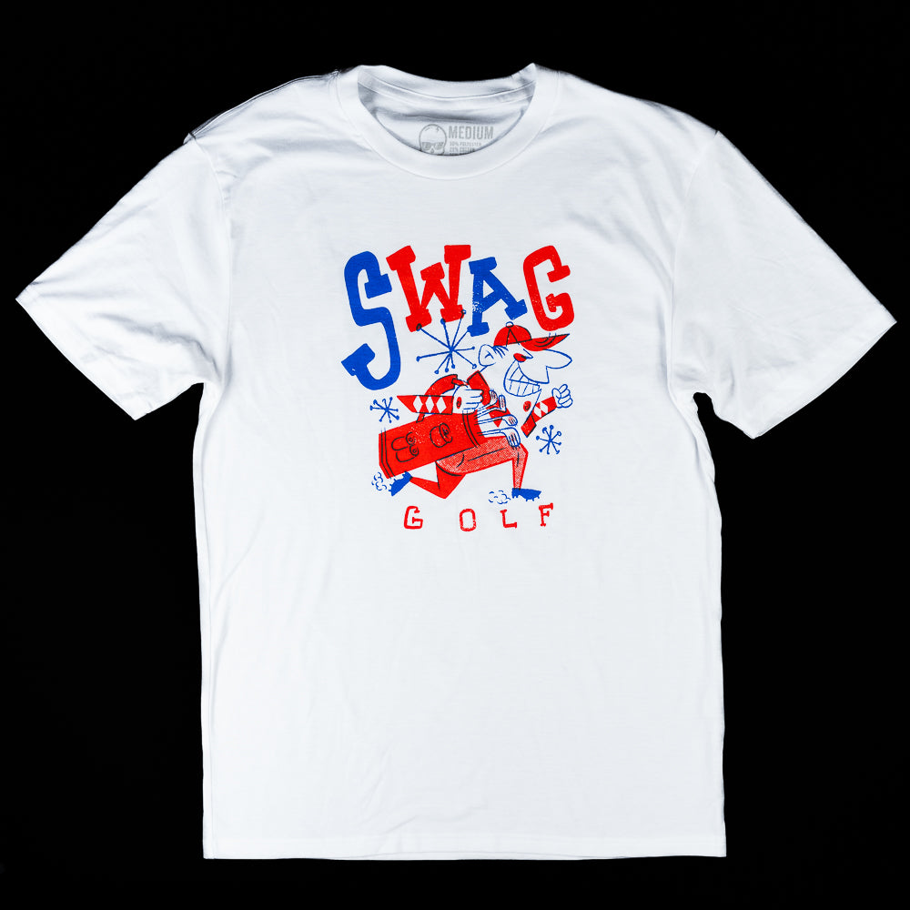 Swag men's white short sleeve golf graphic t-shirt.