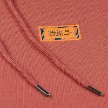 Swag x Peter Millar men's orange golf hoodie.