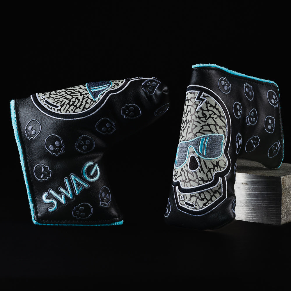 Swag black, gray, and aqua blade putter golf head cover made in the USA.