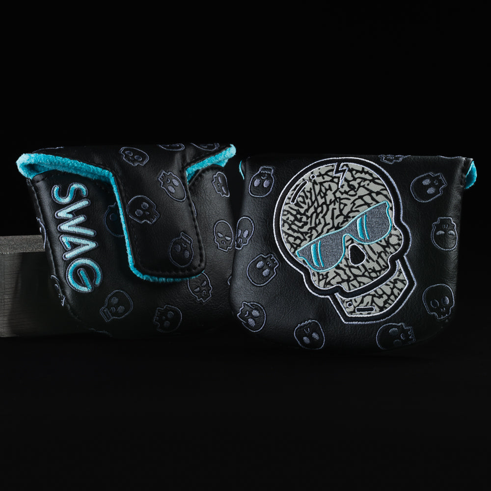 Swag black, gray, and aqua mallet putter golf head cover made in the USA.