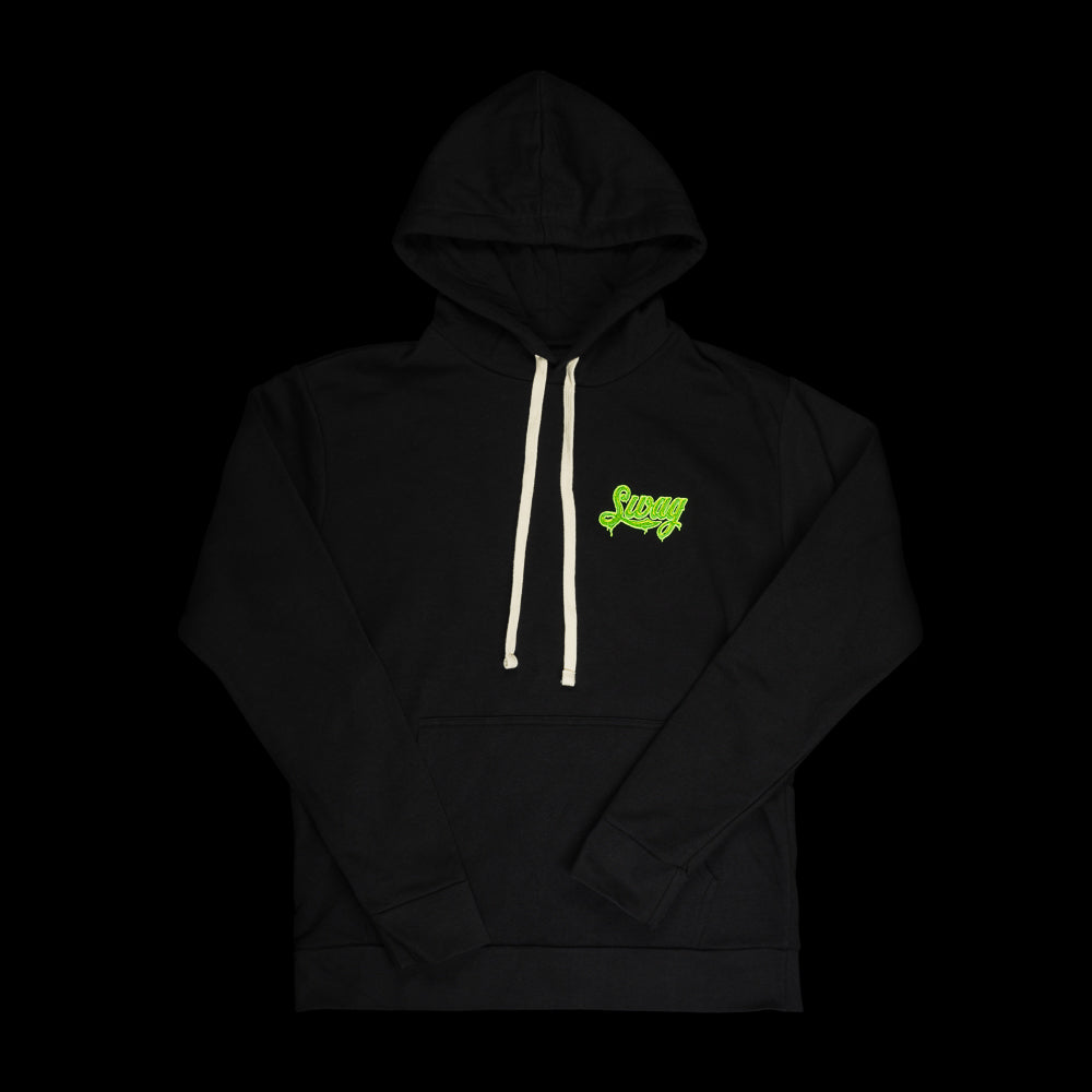 SWAG Golf black long sleeve hoodie with neon green dripping SWAG cola script logo.