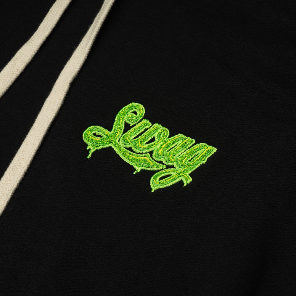 SWAG Golf black long sleeve hoodie with neon green dripping SWAG cola script logo.