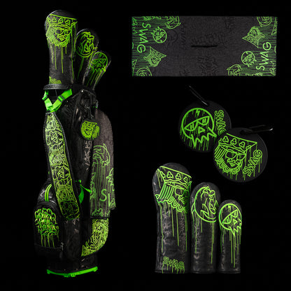 SWAG Golf fully tagged black and neon green stand bag bundle set that includes at stand bag, 3-piece headcover set, towel, and putting disc.