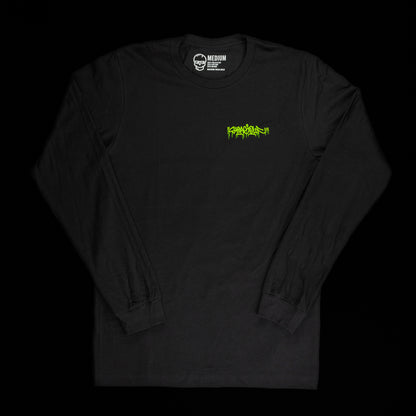 SWAG Golf men's black long sleeve graphic t-shirt with neon green graffiti skull.