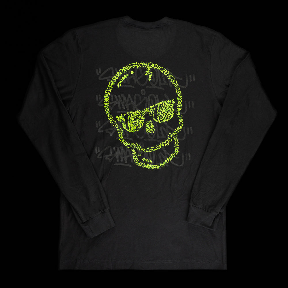 SWAG Golf men's black long sleeve graphic t-shirt with neon green graffiti skull.