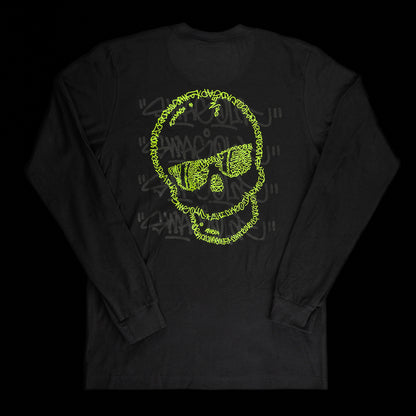 SWAG Golf men's black long sleeve graphic t-shirt with neon green graffiti skull.