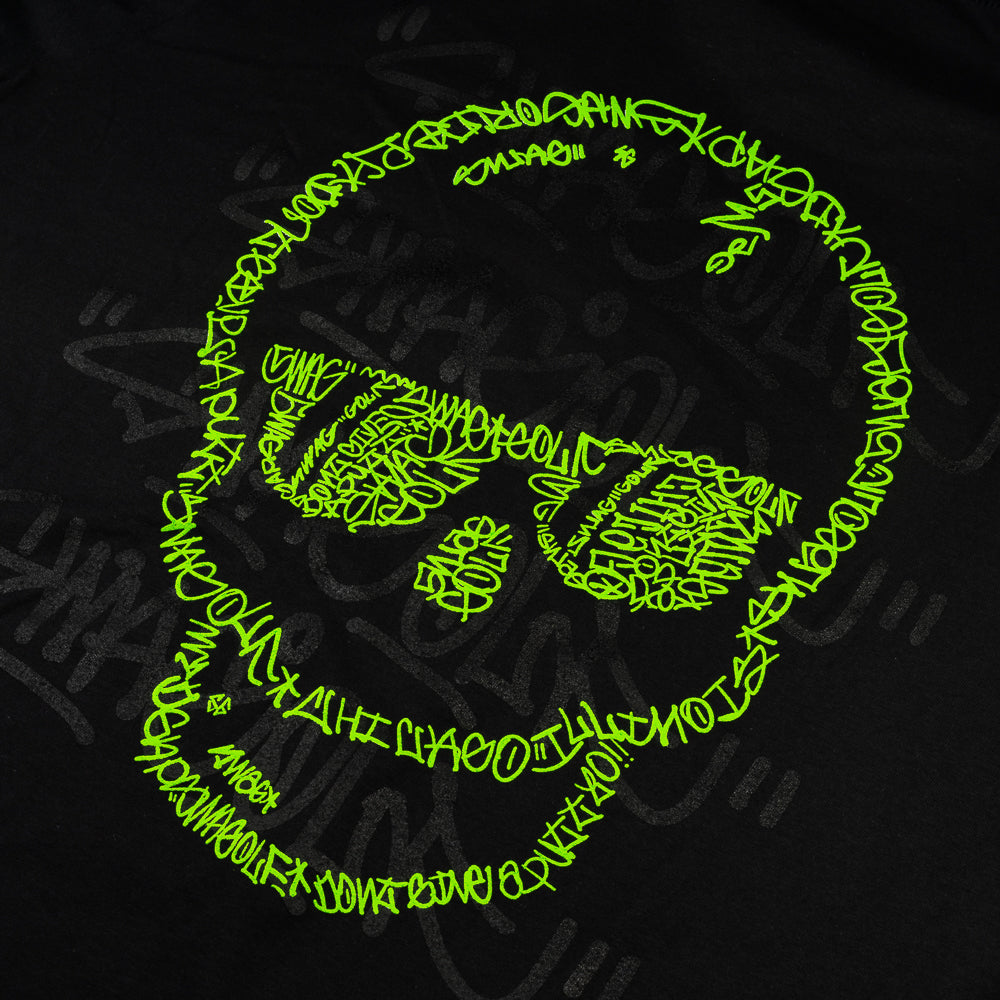 SWAG Golf men's black long sleeve graphic t-shirt with neon green graffiti skull.