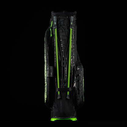 SWAG Golf fully tagged black and neon green stand bag bundle set that includes at stand bag, 3-piece headcover set, towel, and putting disc.