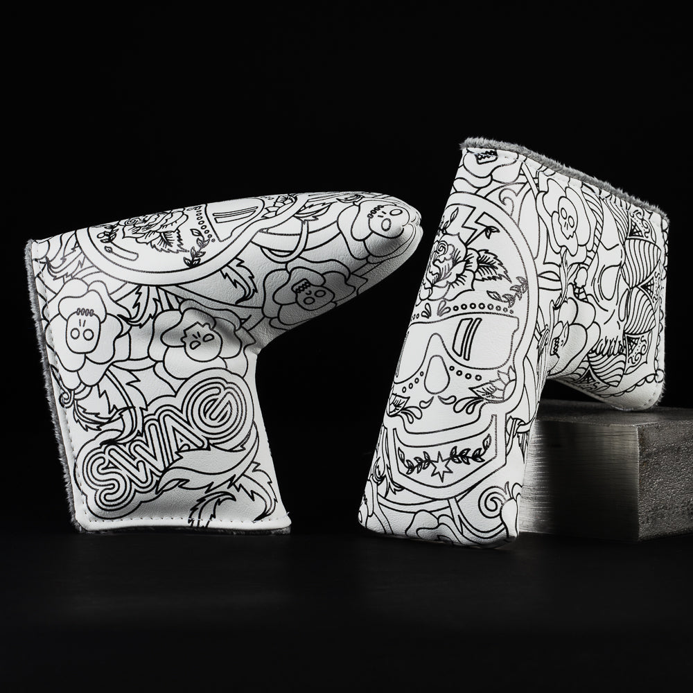 Coloring book themed white and black blade putter golf head cover made in the USA.