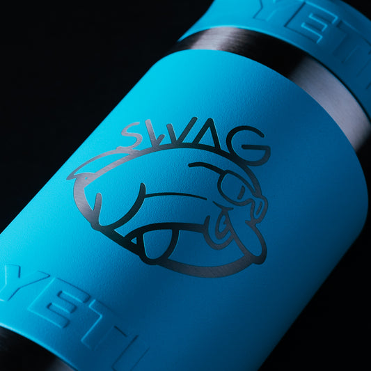 Swag x Yeti rambler jr 12oz stainless steel blue drink ware bottle.