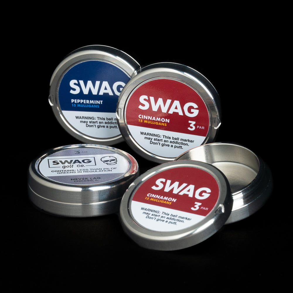 SWAG Golf 4-pack of 2 cinnamon and 2 peppermint lip pillow golf ball markers.