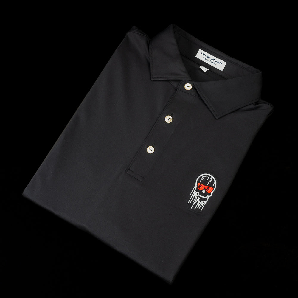 SWAG Golf x Peter Millar Crown Sport melting skull men's black short sleeve performance golf polo shirt.