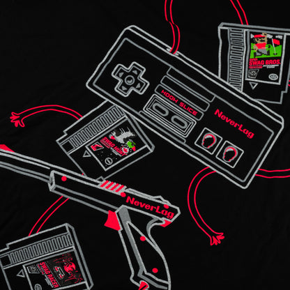 SWAG Golf NeverLag vintage video game themed short sleeve black graphic t-shirt.