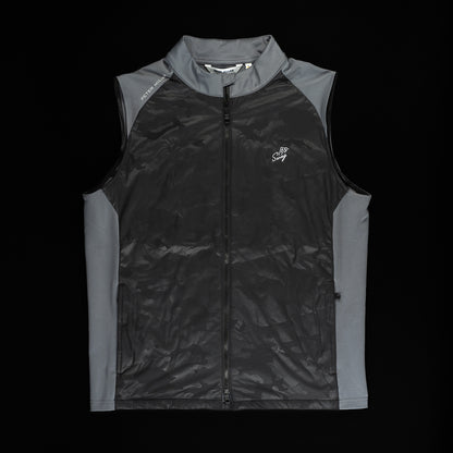 Peter Millar x SWAG Golf men's sleeveless black camo and gray performance golf vest.