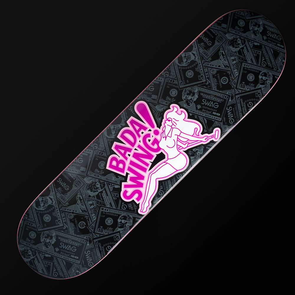 Swag Bada Swing black and pink skateboard deck.
