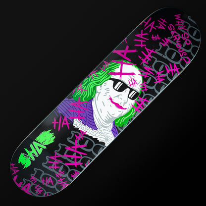 Swag Golf defaced Franklin black, pink, purple, and green skateboard deck.