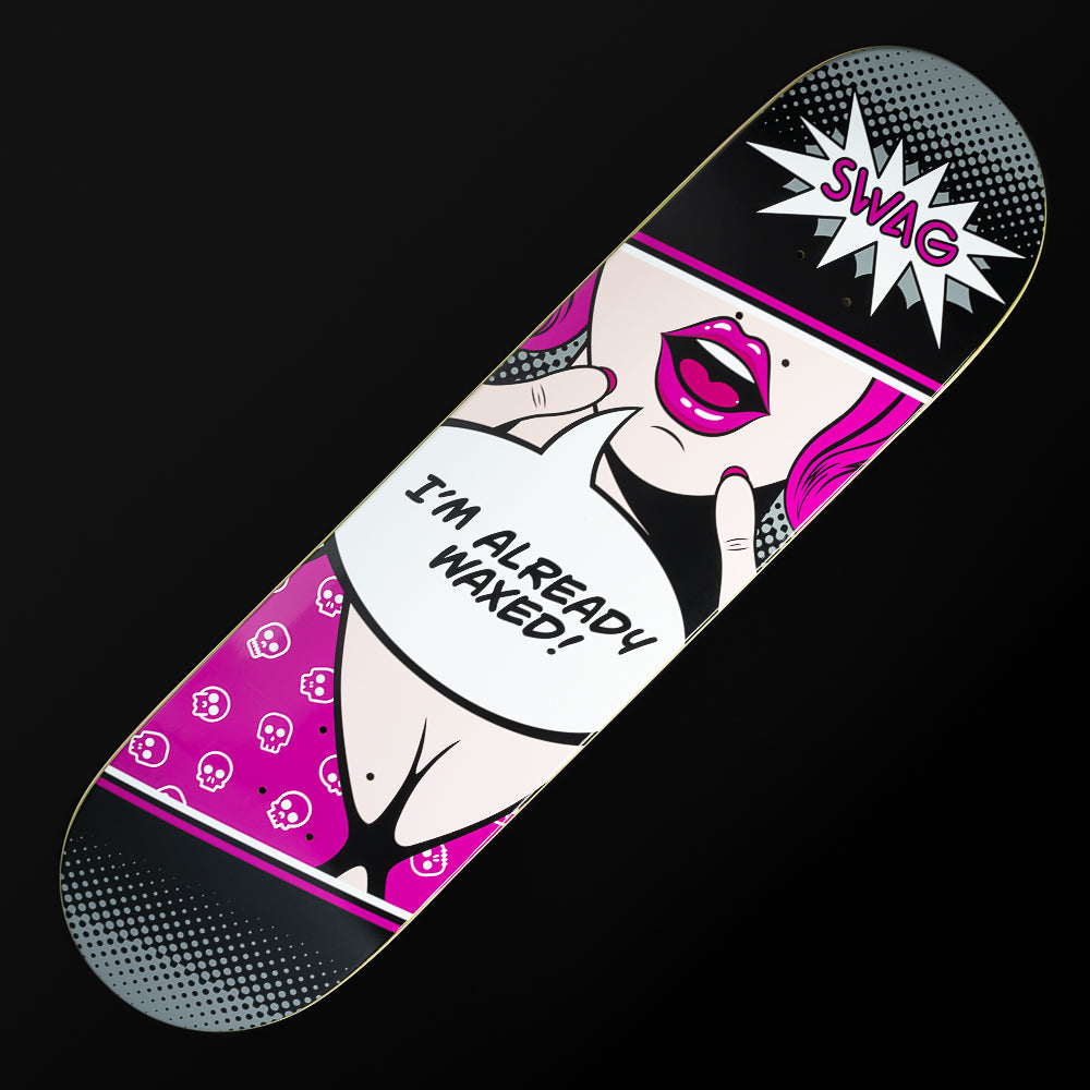 Swagatha black, pink and white skateboard deck.