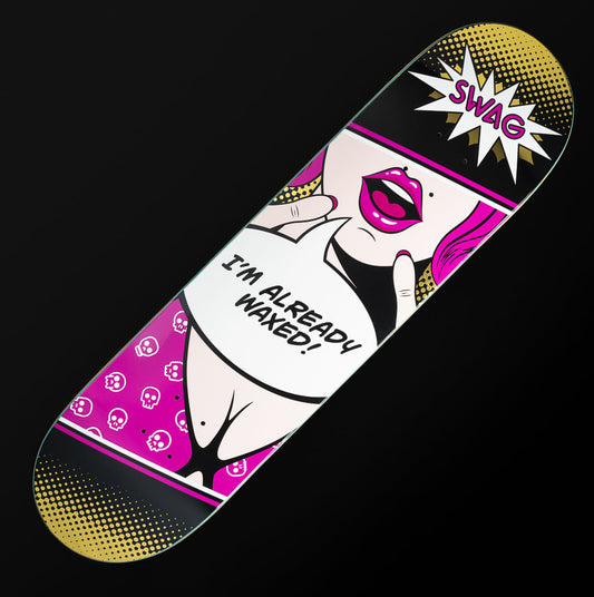 Swagatha saying black, pink, and gold skateboard deck accessory.;