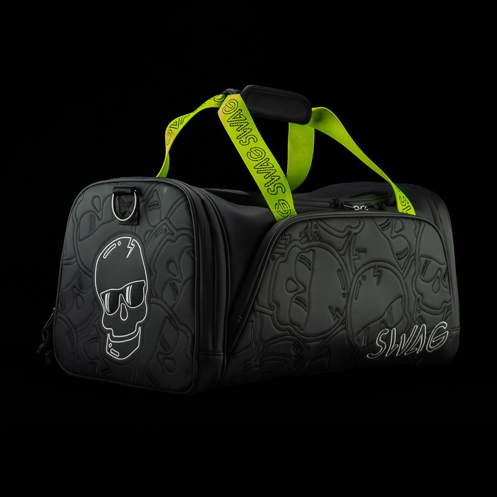 SWAG Golf Black and neon yellow stacked skulls golf duffel bag.