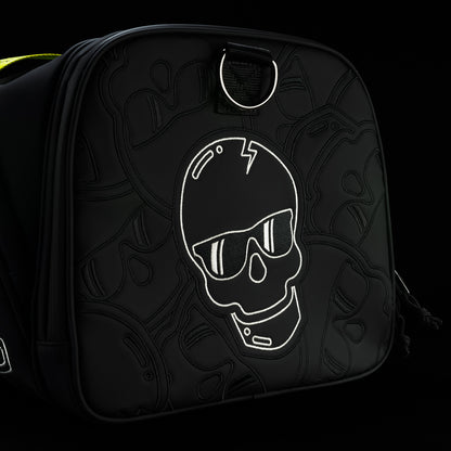 SWAG Golf Black and neon yellow stacked skulls golf duffel bag.