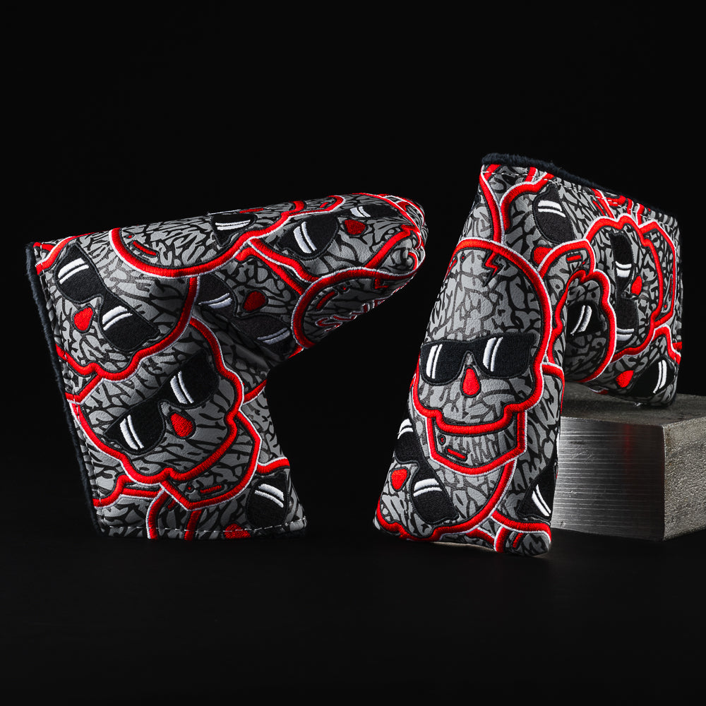 Stacked skulls 2.0 gray, red, and black blade putter golf head cover made in the USA.