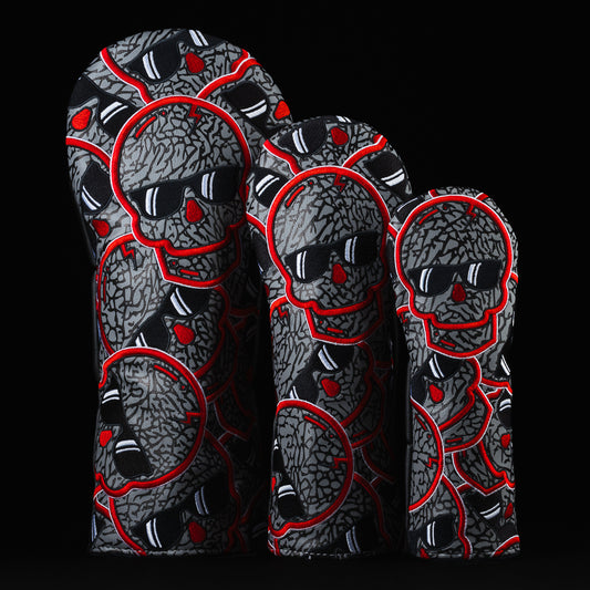 Stacked skulls 2.0 gray, red, and black golf head cover wood set - including driver, fairway and hybrid.