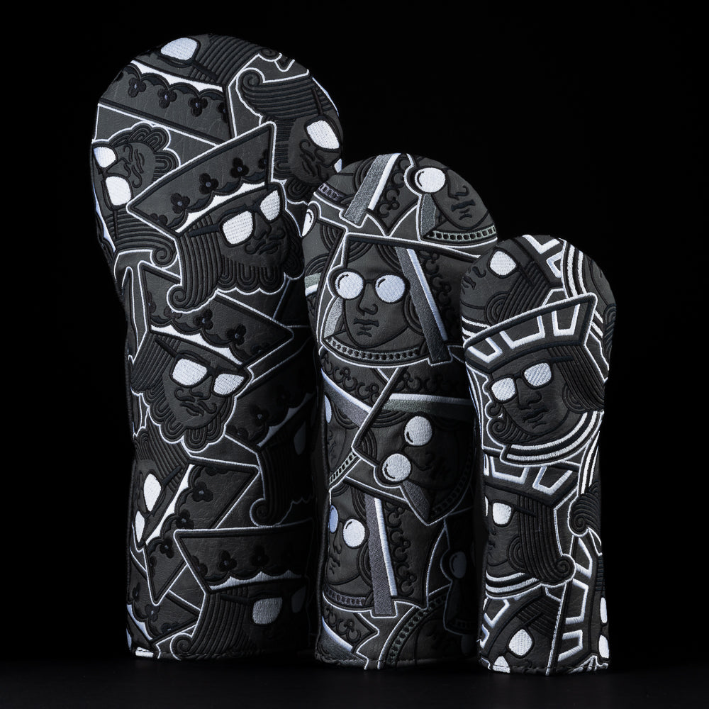 Swag stacked royalty set of king, queen, and jack black and white golf wood headcovers.