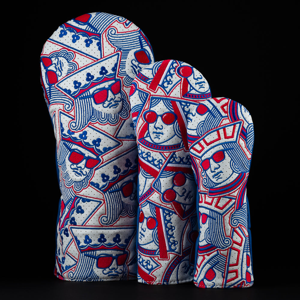 Swag stacked royalty wood headcover set including a king, queen, and jack in red, white and blue.