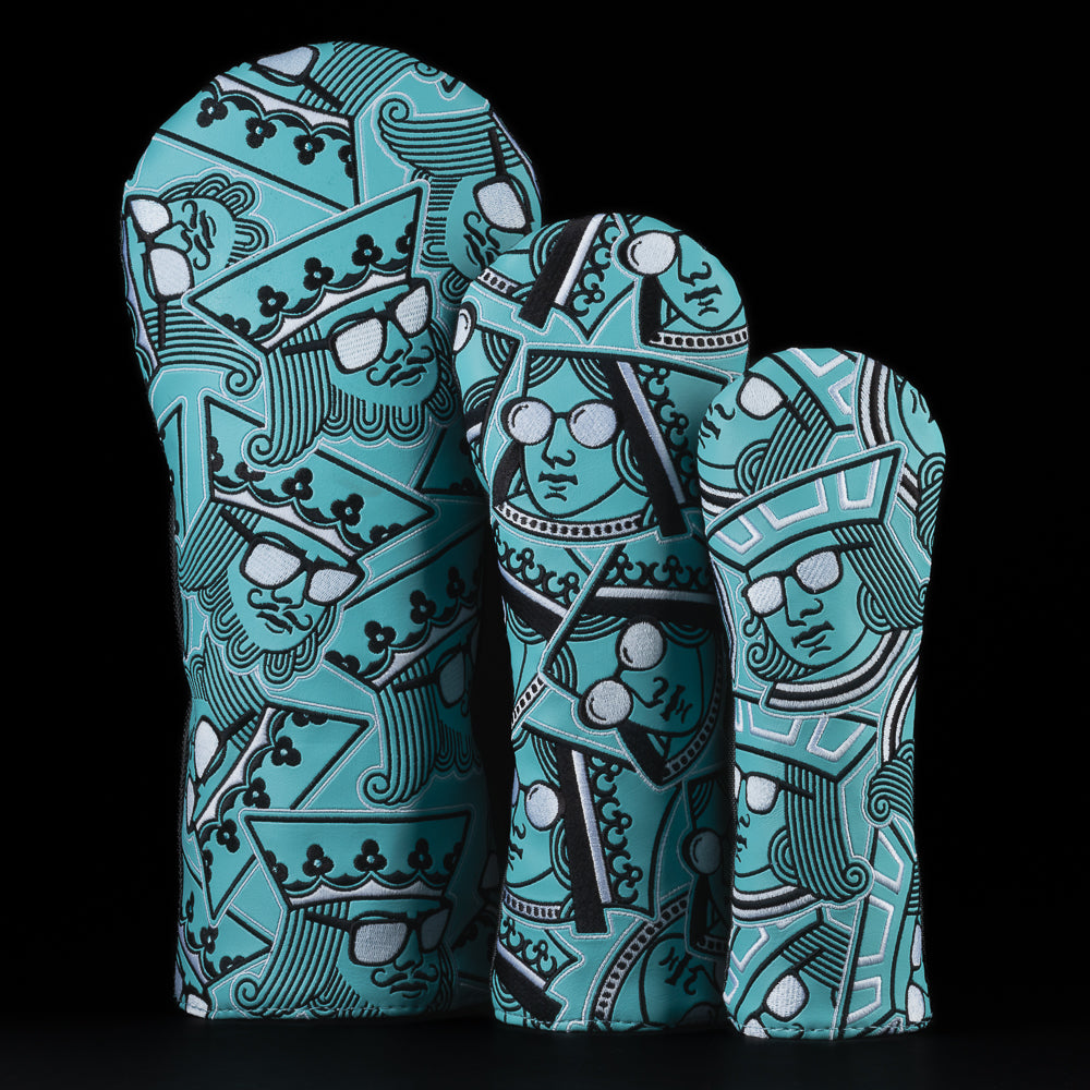 Swag stacked royalty set of king, queen and jack aqua blue golf wood headcovers.