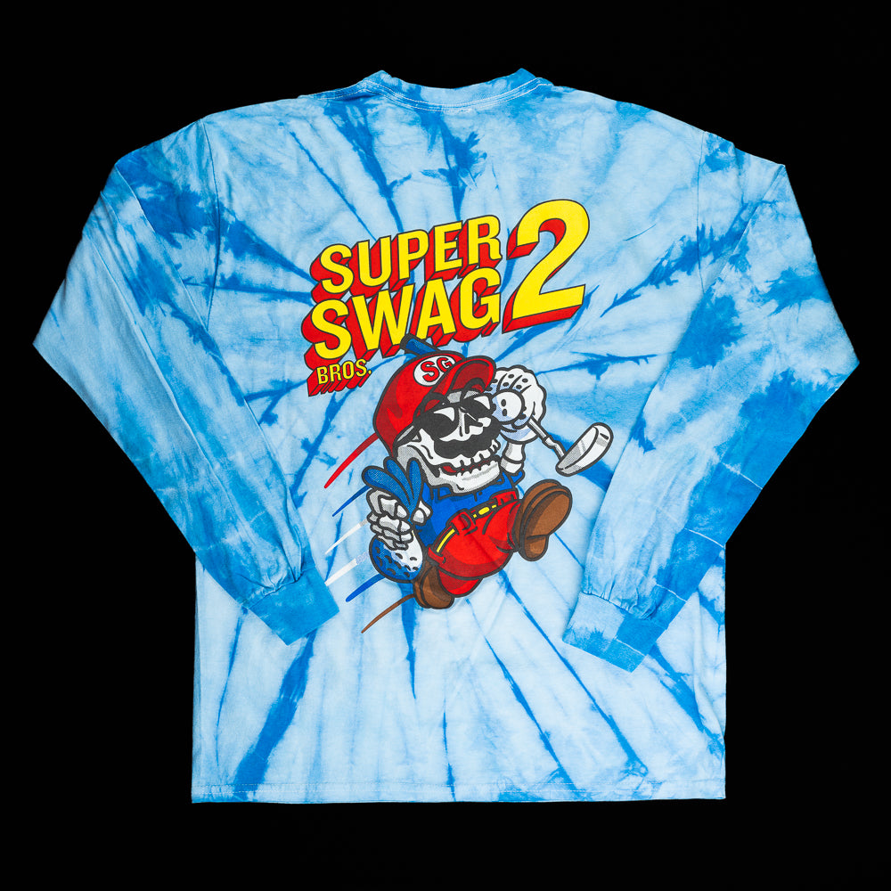 SWAG Golf Super SWAG Bros 2 blue tie-dyed long sleeve video gamed theme graphic t-shirt.