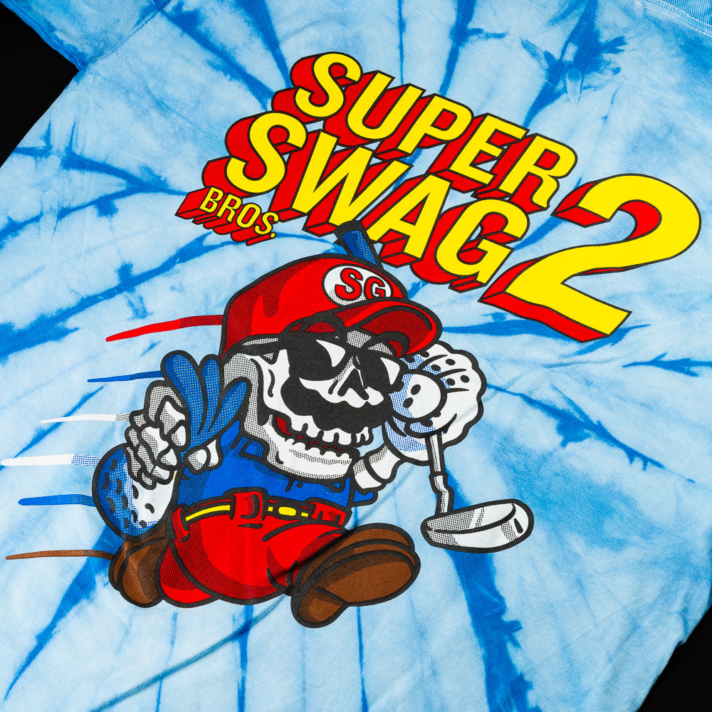 SWAG Golf Super SWAG Bros 2 blue tie-dyed long sleeve video gamed theme graphic t-shirt.