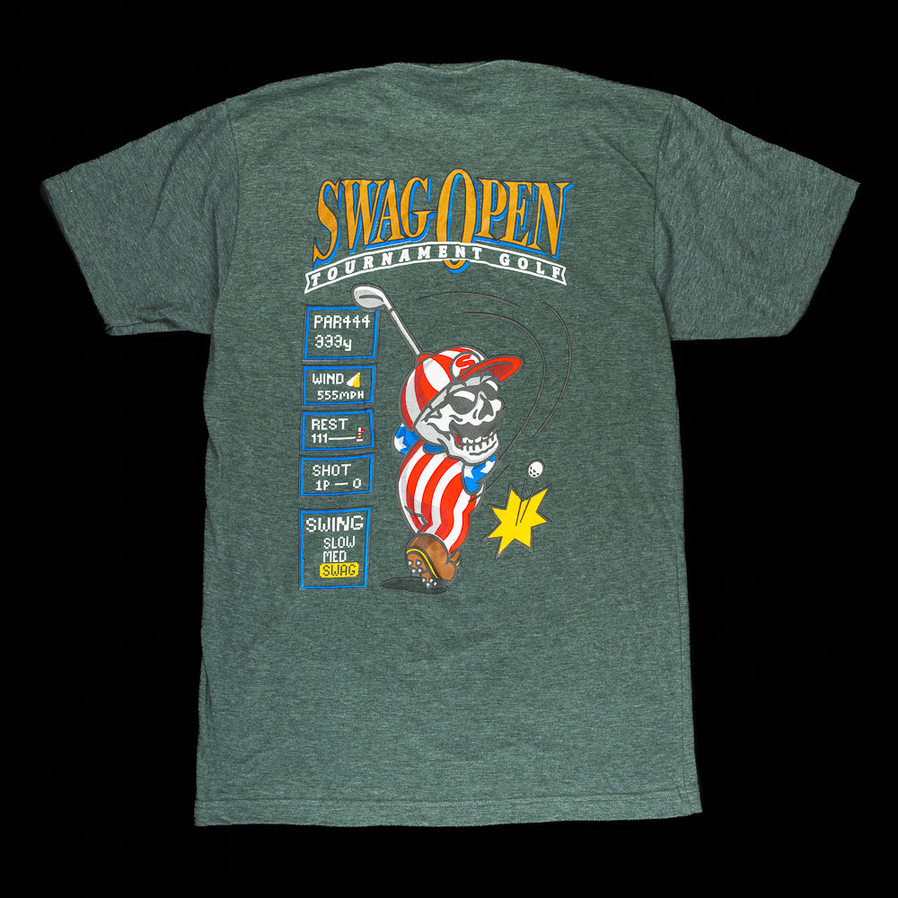 SWAG Open Tournament Golf green heathered men's short sleeve golf graphic t-shirt.