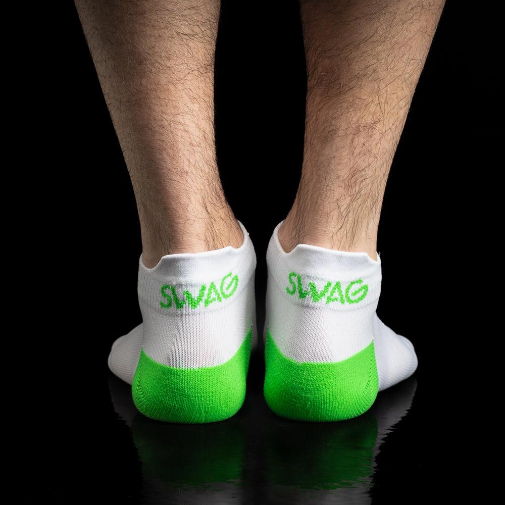 SWAG Golf x Leveret white and green performance golf ankle socks two pack.