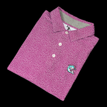 SWAG Golf x AndersonOrd pink men's short sleeve performance golf polo shirt with embroidered flipper over left chest.