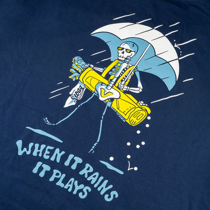 SWAG Golf men's navy short sleeve graphic golf t-shirt with a when it rains, it plays slogan.