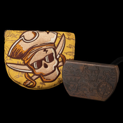 Carbon steel limited edition putter with hidden treasure engravings and a pirate skull matching headcover.