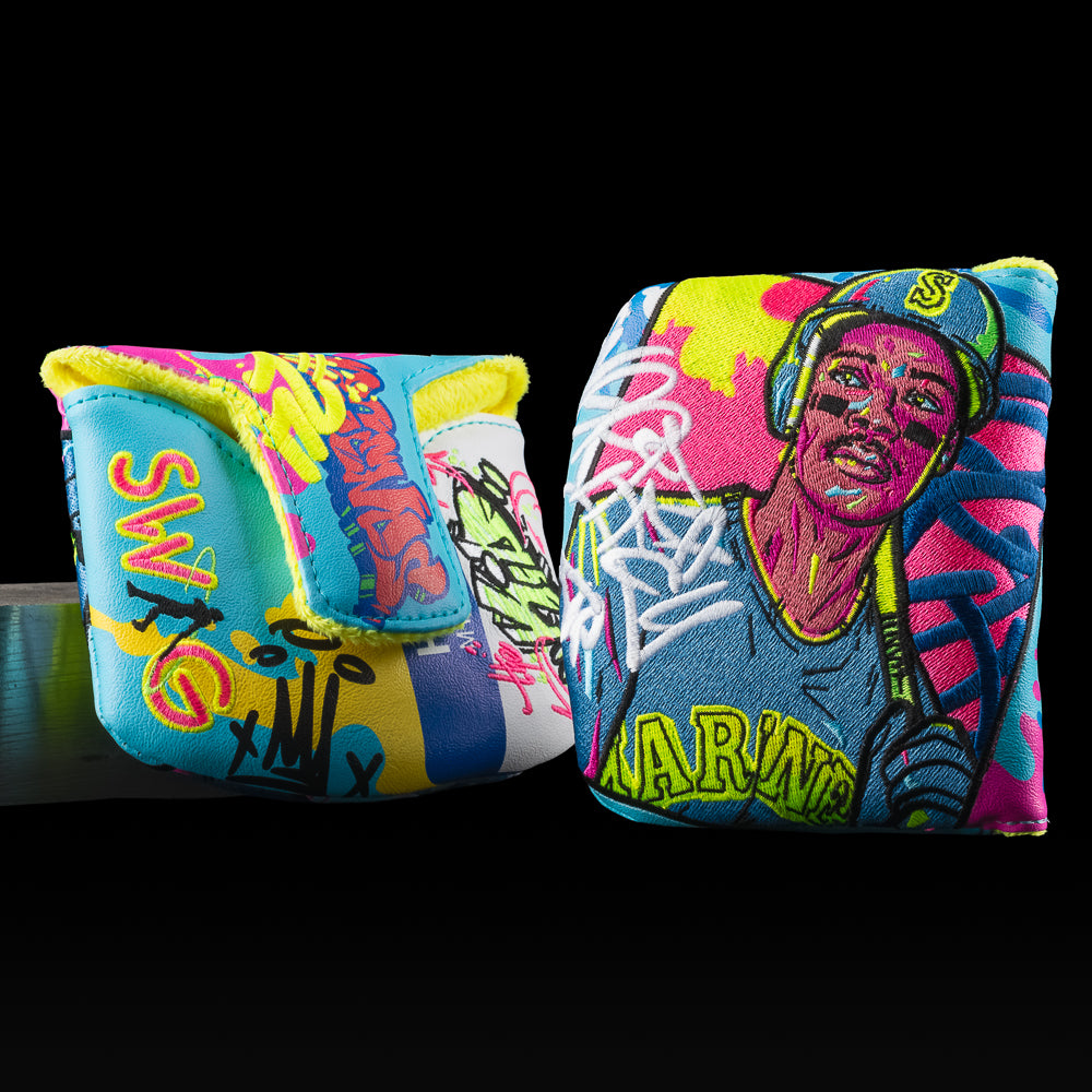 Graffiti-inspired Ken Griffey Jr. mallet headcover with bright colors, street tags, and pop-art portrait of The Kid.