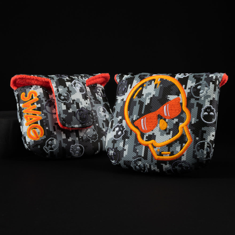 Digi skull black and gray digi print with an orange embroidered skull mallet putter golf club head cover made in the USA.