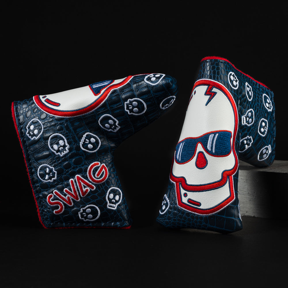 Swag skull red, white and blue mallet putter golf head cover made in the USA.