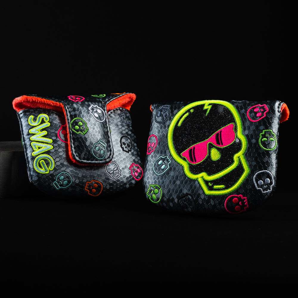 Hex skull black hexagon patterned mallet putter golf club head cover with an embroidered neon green and pink Swag Skull.